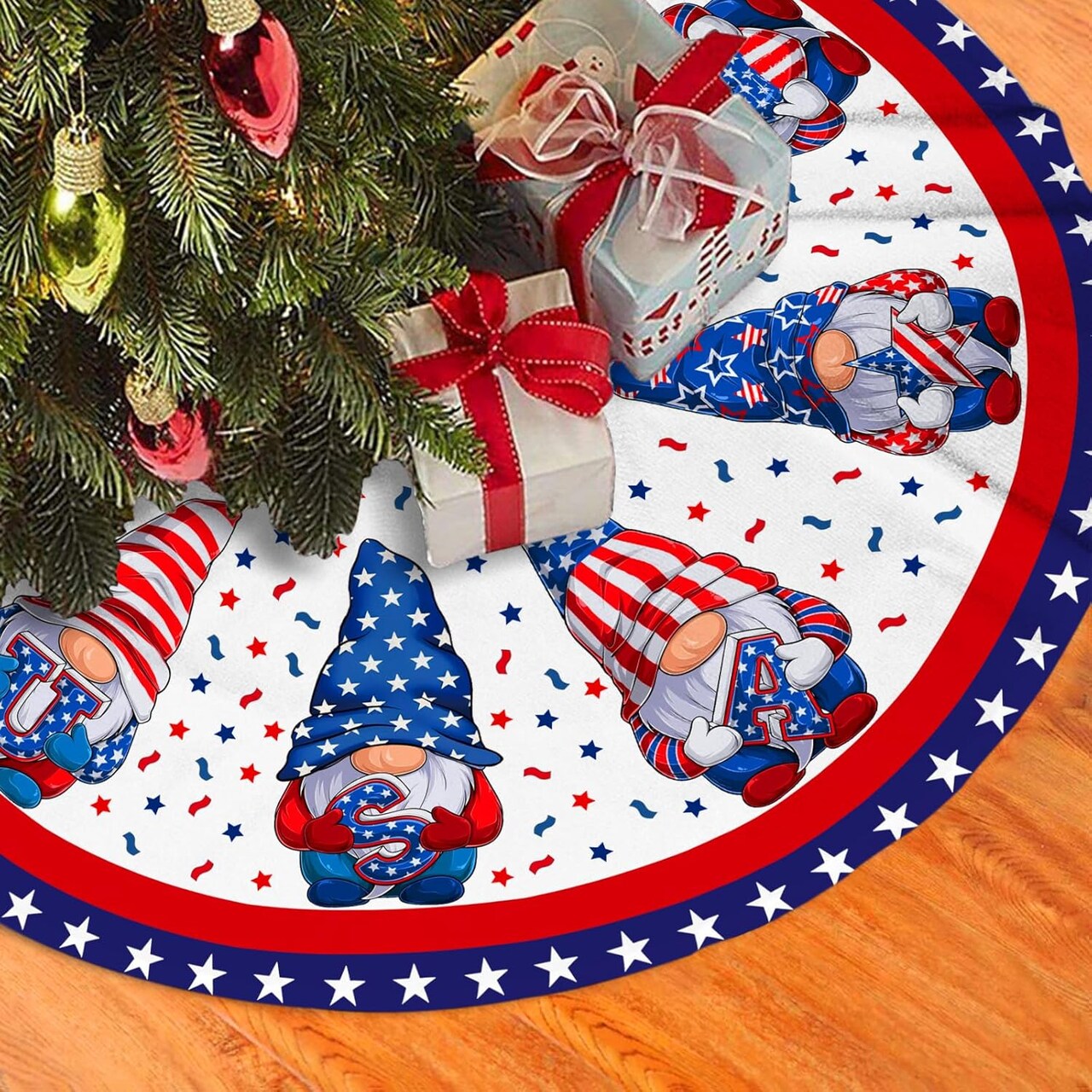 4th of July Decoratios for Tree Skirt Gnome Stars Patriotic America Memorial Day 36in Holiday Tree Skirt Decor for Party Indoor Home